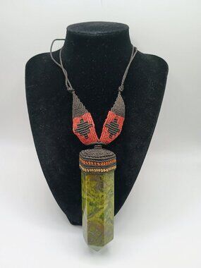 Natural Serpentine Necklace Woven Macrame Green Healing Stone